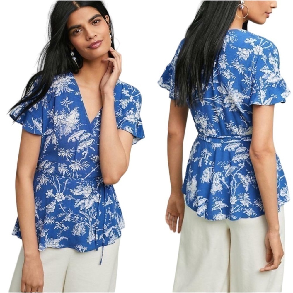Anthropologie Blue & White Floral Wrap Top